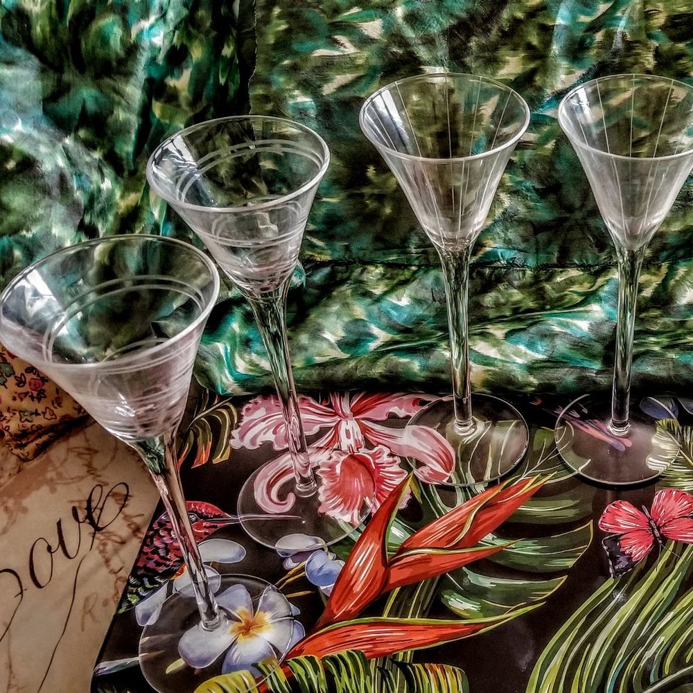 Vintage 6 Etched Stemmed Cordial Glasses 3 Designs Single-Double Swirl & Lines